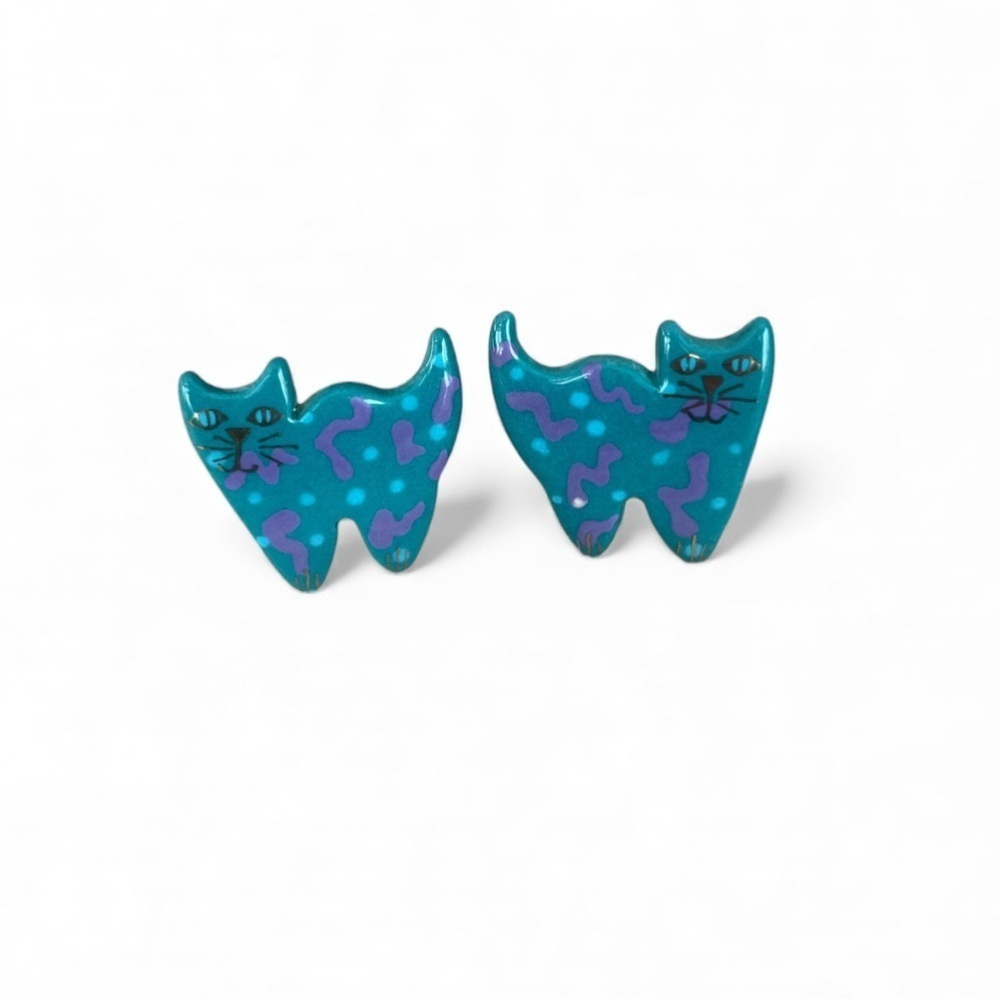 Vintage 90s Hand Painted Ceramic Clip On Cat Earrings
